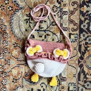 Crochet Duck Crossbody Bag Pink White Kawaii Ruffle Bow Novelty Purse